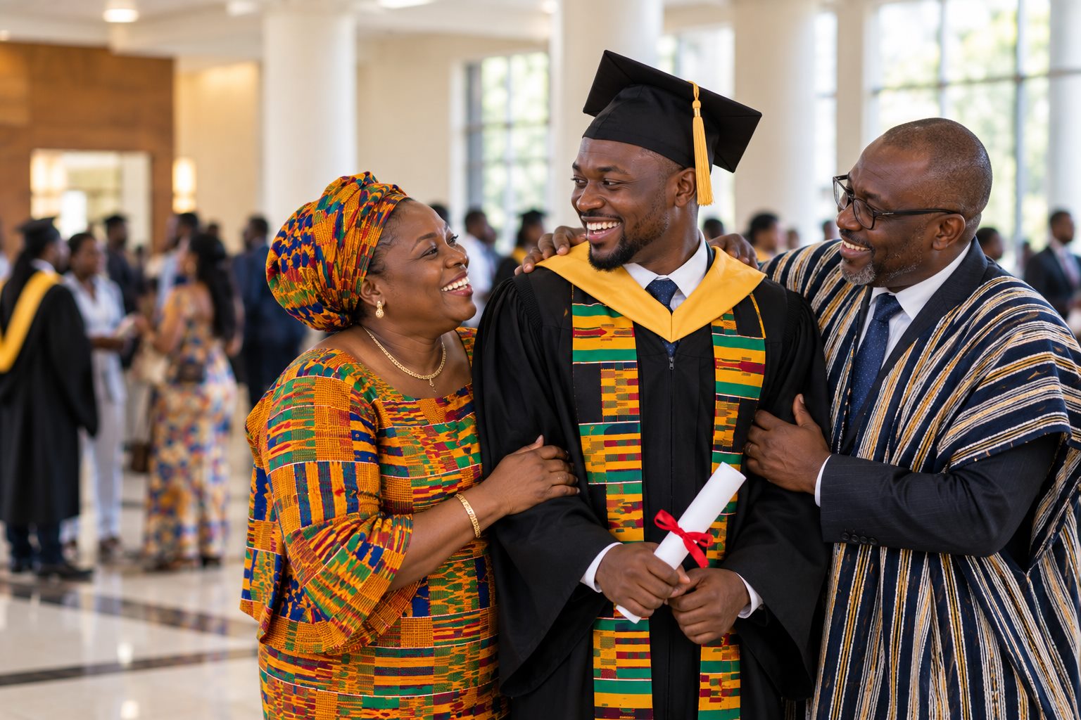 A SIIMT graduate laughing with his proud parents after the ceremony
