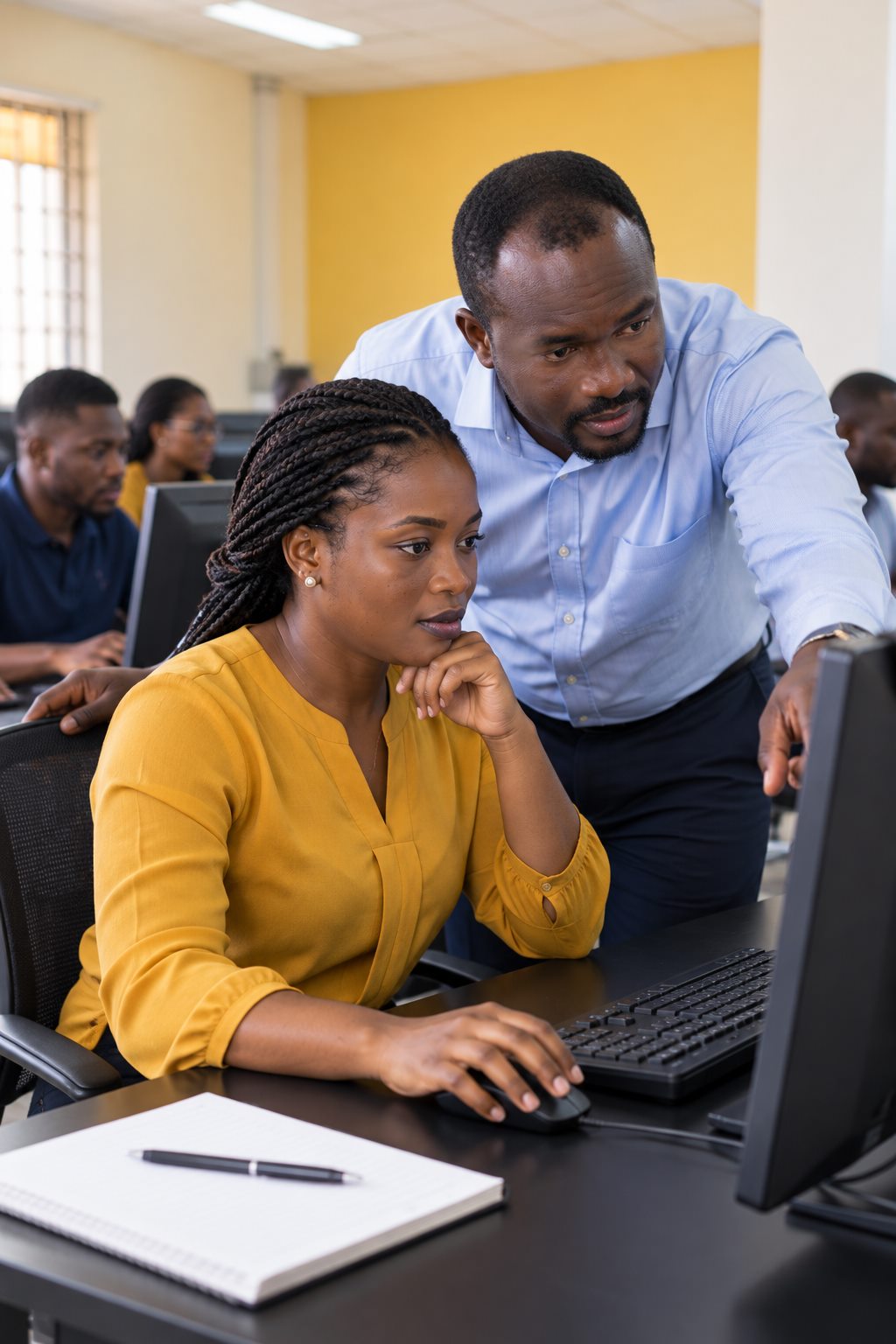 A SIIMT student at a computer in the lab, listening to a lecturer