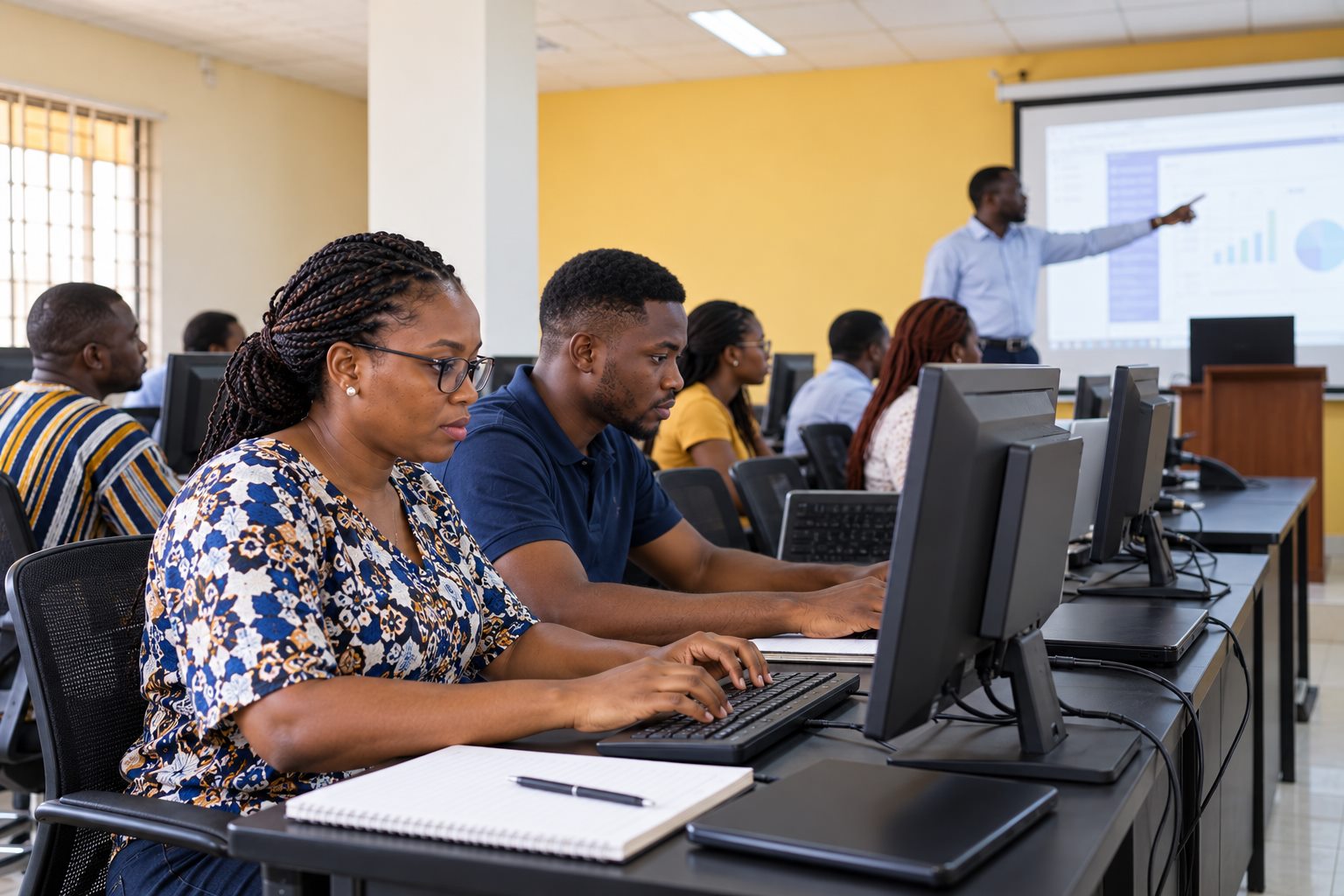 Students of different ages at desktop computers in the SIIMT computer lab