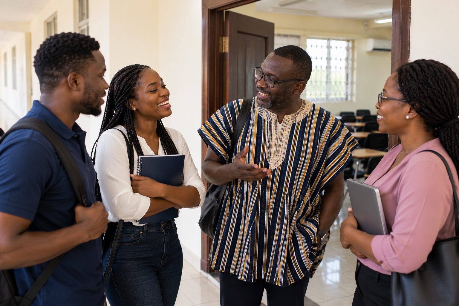 Students and staff of different ages talking together in a bright college corridor