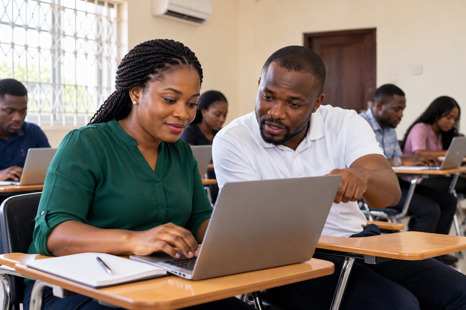 A SIIMT lecturer helping a student at her laptop in class