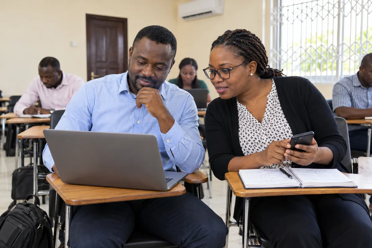 Two working professionals using an AI assistant on a laptop and a phone in class