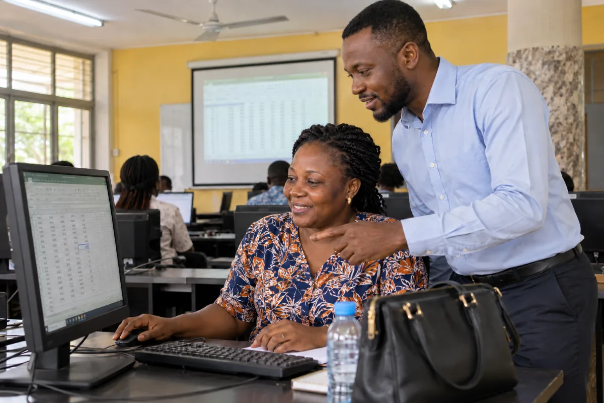 A lecturer helping an adult student with a spreadsheet in the SIIMT computer lab