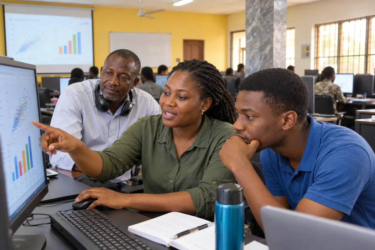 Three SIIMT students discussing charts on a computer in the lab