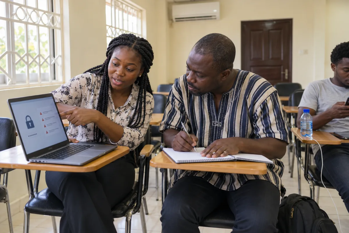 Two SIIMT students reviewing security alerts on a laptop in class while a classmate takes notes