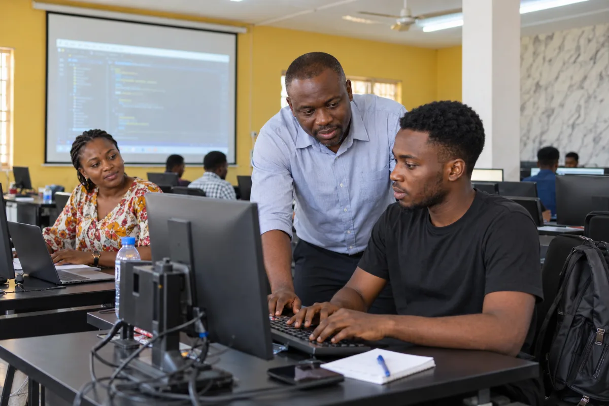 A lecturer guiding a student who is writing code in the SIIMT computer lab
