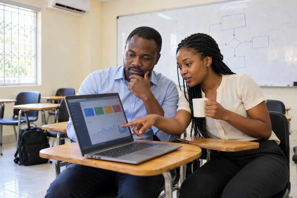 Two students looking at a cloud dashboard on a laptop in class
