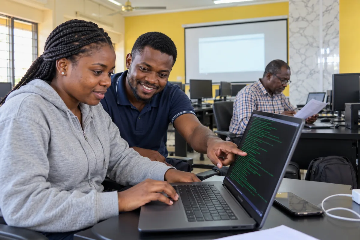 Two cyber security students working in a terminal window on a laptop