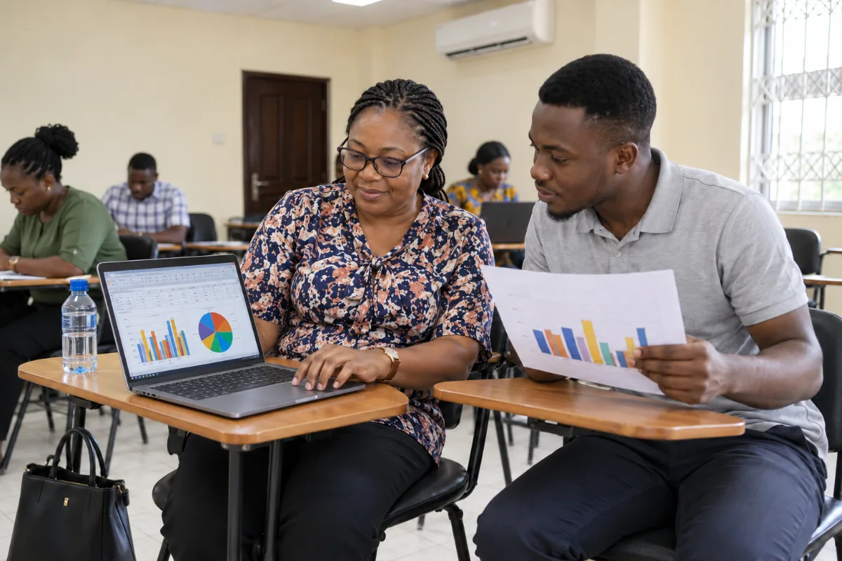 A student comparing a printed bar chart with a spreadsheet chart on a classmate’s laptop