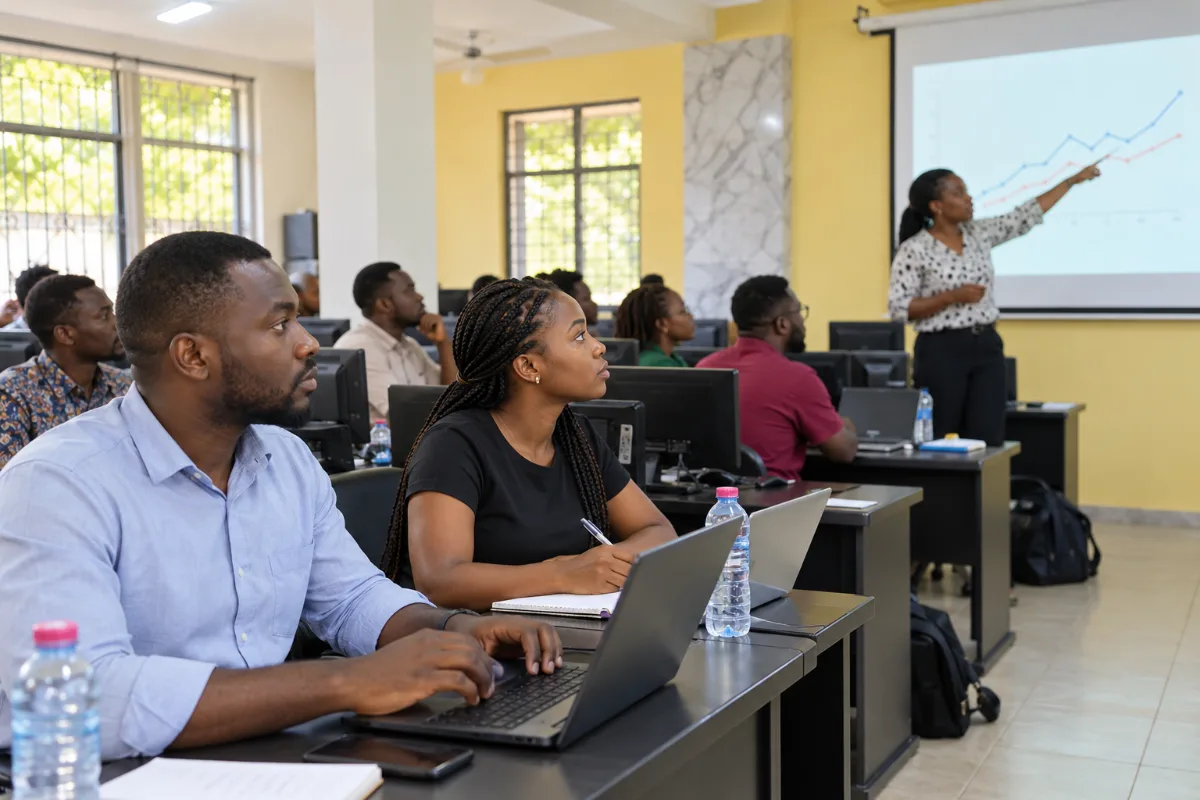Students taking notes while a lecturer explains a chart on the projector