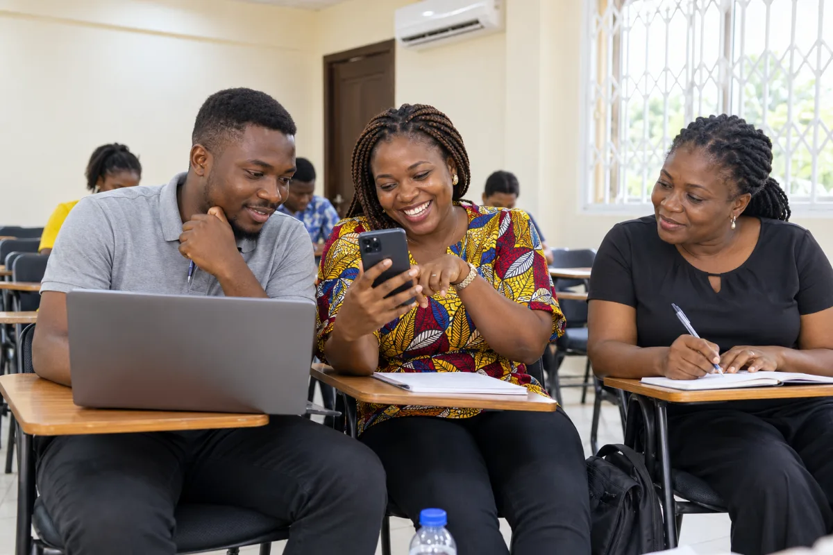 Three students reviewing a social media post on a phone and a laptop