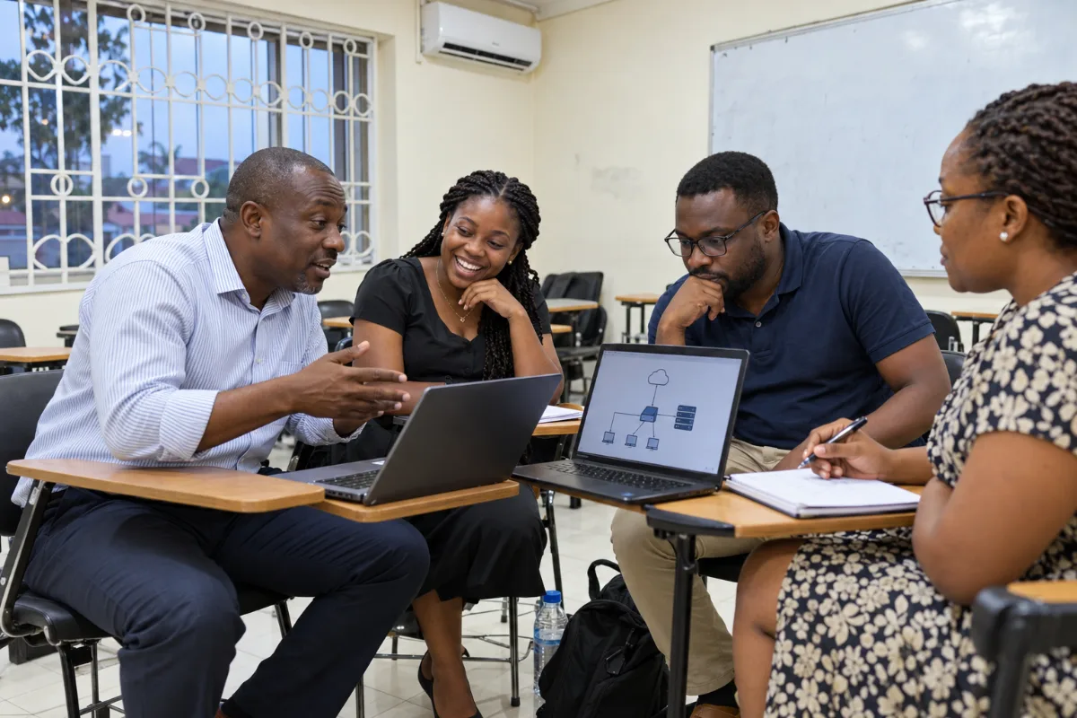 Four adult students discussing a network diagram around two laptops in an evening class