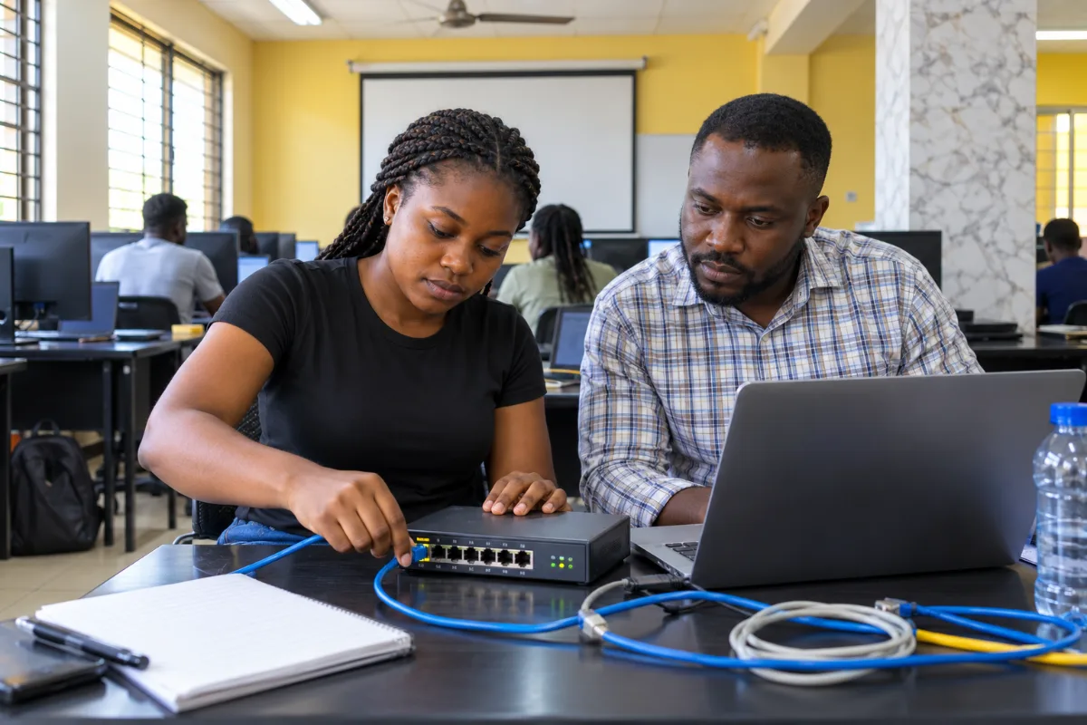 A networking student connecting a cable to a network switch while a classmate checks a laptop