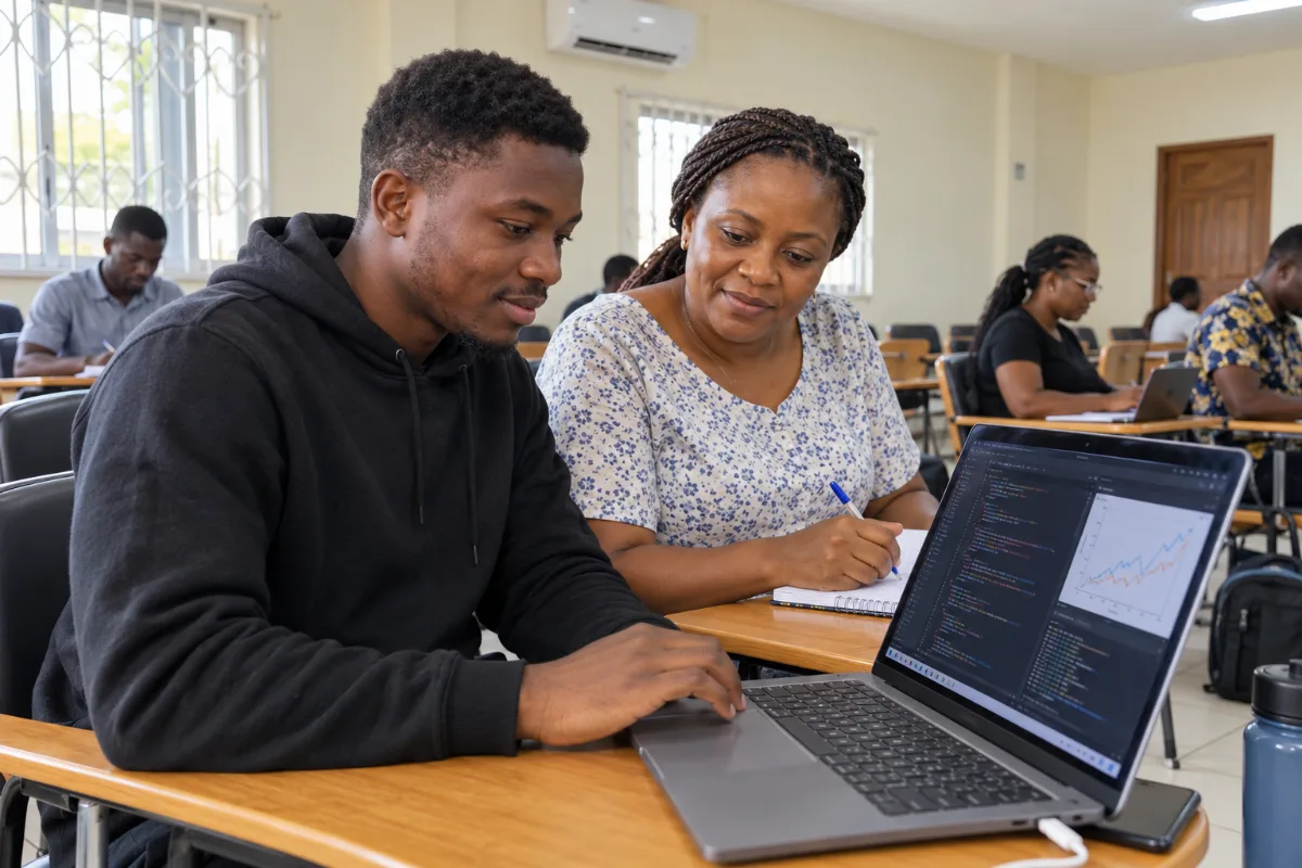 A student writing Python code on a laptop while a classmate takes notes