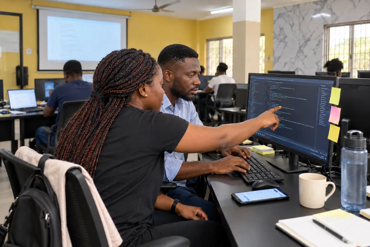 Two students pair-programming at one computer in the SIIMT lab