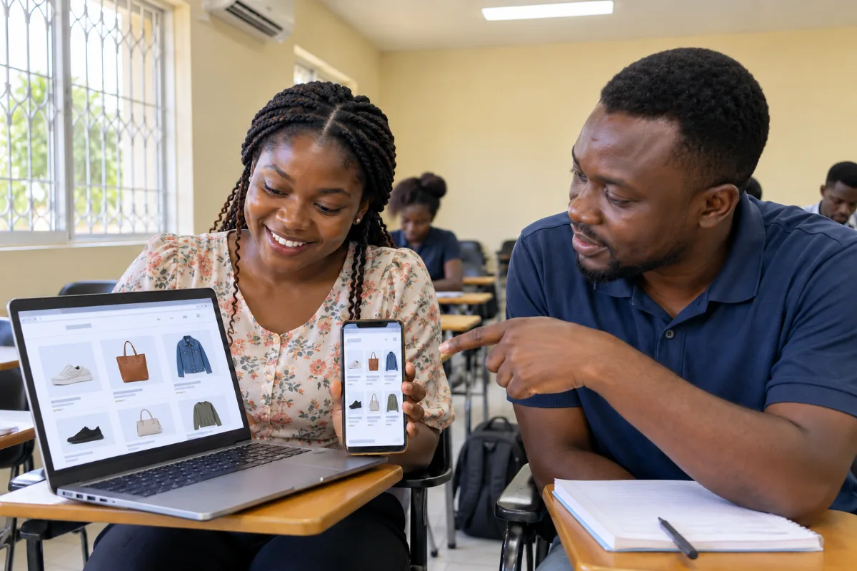 Two students comparing a website on a laptop and on a phone