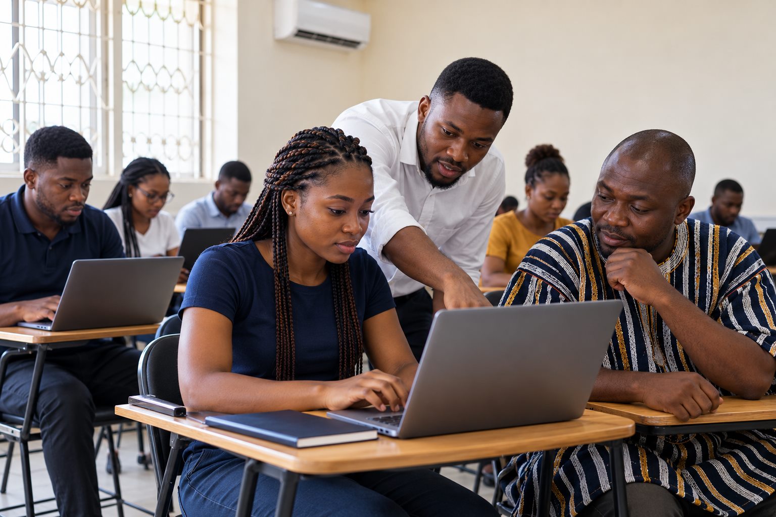 Students of different ages working on laptops in a SIIMT classroom while a lecturer helps