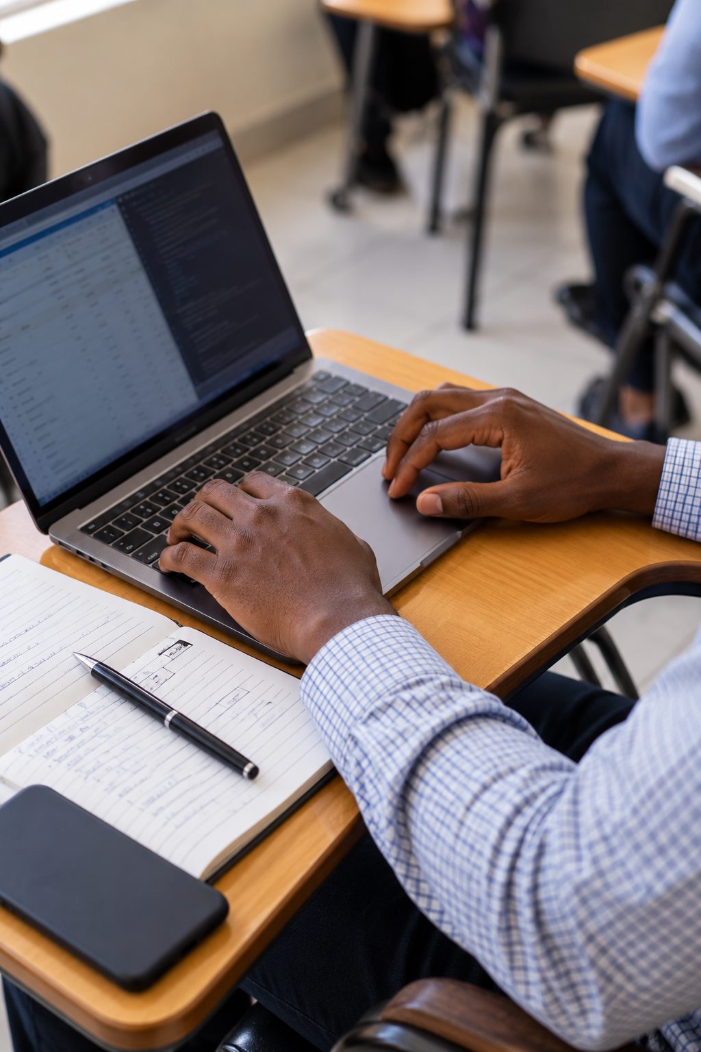 A student working on a laptop, with notes and a pen on the desk