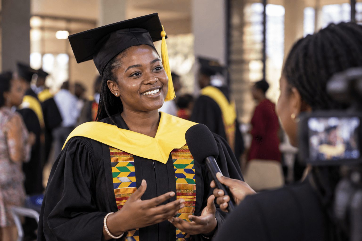A SIIMT graduate in gown and kente stole being interviewed after the ceremony